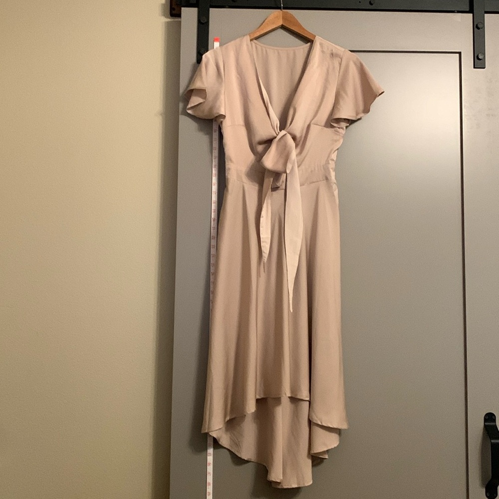 Satin V Neck Short Sleeve Front Tie High Waist Midi A-Line Bridesmaid Dress